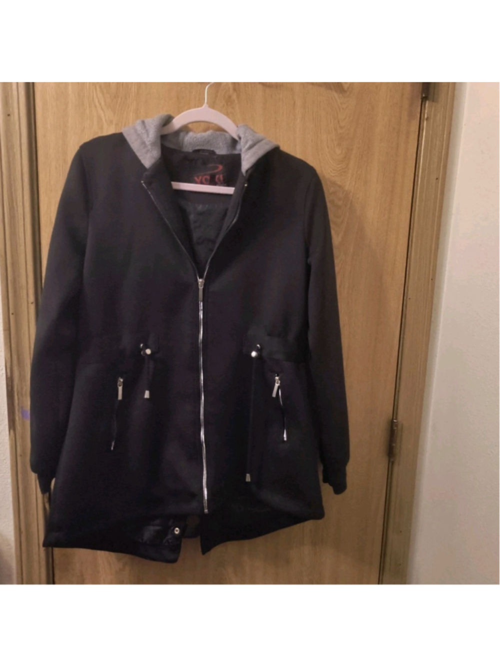 Yoki Black Fleece Lined Hooded Parka Anorak Jacket Drawstring Waist Women Size M
